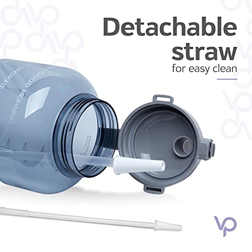 Venture Pal Large 1 Gallon/128 OZ (When Full) Motivational BPA Free Leakproof Water Bottle with Straw & Time Marker Perfect for Fitness Gym Camping Outdoor Sports-Gray