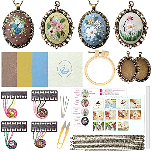 Mini Embroidery Kits for Beginners, Mini Embroidery Necklace Pendant Kits with Patterns and Instructions, Mini Cross Stitch Kits, Hand Sewing Jewelry Ornament (4pcs-E)
