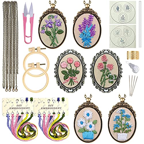 Mini Embroidery Kits for Beginners, Mini Embroidery Necklace Pendant Kits with Patterns and Instructions, Mini Cross Stitch Kits, Hand Sewing Jewelry Ornament