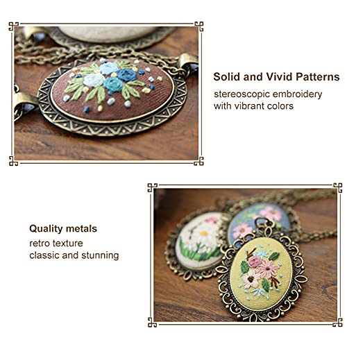Mini Embroidery Kits for Beginners, Mini Embroidery Necklace Pendant Kits with Patterns and Instructions, Mini Cross Stitch Kits, Hand Sewing Jewelry Ornament (4pcs-E)
