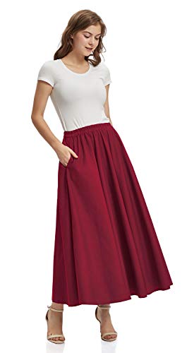 Soojun Women's Solid Cotton Linen Retro Vintage A-line Long Flowy Skirts, Wine Red, Small Average