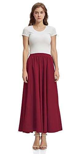Soojun Women's Solid Cotton Linen Retro Vintage A-line Long Flowy Skirts, Wine Red, Small Average