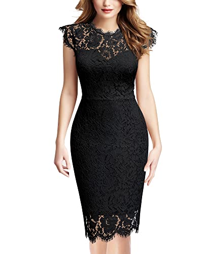 Miusol Women's Retro Floral Lace Slim Evening Cocktail Mini Dress Black