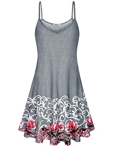SeSe Code Camisole Dress, Women Skater Dresses Spaghetti Strap Floral Pattern Flared Buttom Flowy Pleats Elastic Knitted Spandex Summer Daily Wear Cami Tunic Tank Sundress Grey X-Large
