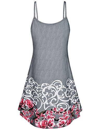 SeSe Code Camisole Dress, Women Skater Dresses Spaghetti Strap Floral Pattern Flared Buttom Flowy Pleats Elastic Knitted Spandex Summer Daily Wear Cami Tunic Tank Sundress Grey X-Large