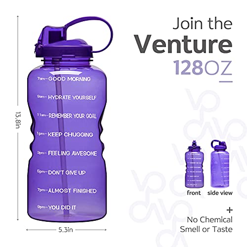 Venture Pal Large 1 Gallon/128 OZ (When Full) Motivational BPA Free Leakproof Water Bottle with Straw & Time Marker Perfect for Fitness Gym Camping Outdoor Sports-Purple