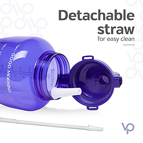 Venture Pal Large 1 Gallon/128 OZ (When Full) Motivational BPA Free Leakproof Water Bottle with Straw & Time Marker Perfect for Fitness Gym Camping Outdoor Sports-Purple