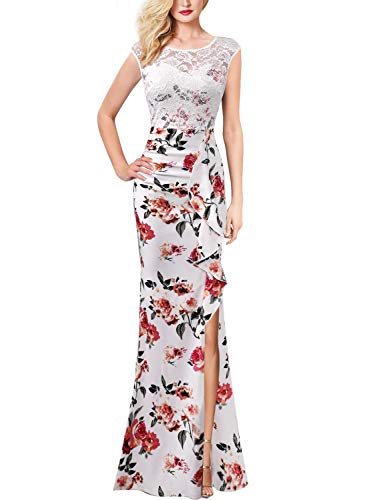VFSHOW Womens Off White Ivory Lace Floral Print Patchwork Ruched Ruffles High Split Dressy Casual Evening Party Maxi Long Dress 3289 WHT 3XL