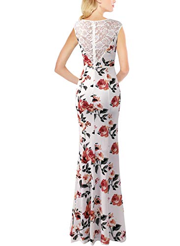 VFSHOW Womens Off White Ivory Lace Floral Print Patchwork Ruched Ruffles High Split Dressy Casual Evening Party Maxi Long Dress 3289 WHT 3XL