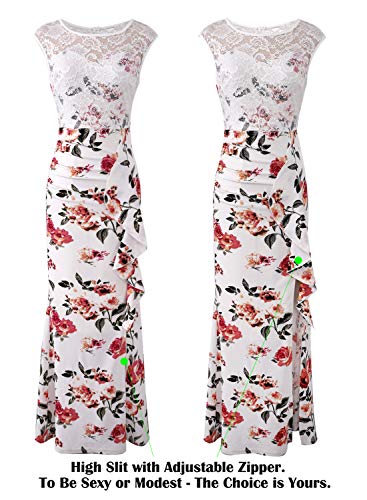 VFSHOW Womens Off White Ivory Lace Floral Print Patchwork Ruched Ruffles High Split Dressy Casual Evening Party Maxi Long Dress 3289 WHT 3XL