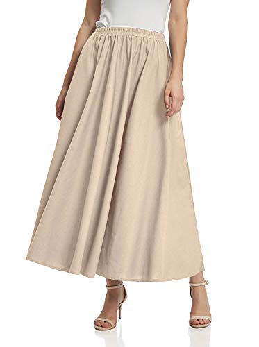 Soojun Women's Solid Cotton Linen Retro Vintage A-line Long Flowy Skirts, Khaki, Small Petite