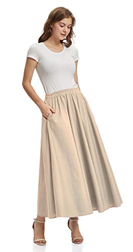 Soojun Women's Solid Cotton Linen Retro Vintage A-line Long Flowy Skirts, Khaki, Small Petite