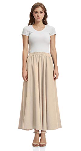 Soojun Women's Solid Cotton Linen Retro Vintage A-line Long Flowy Skirts, Khaki, Small Petite