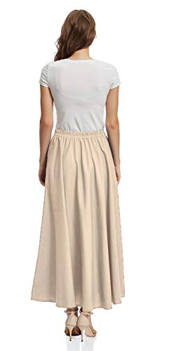 Soojun Women's Solid Cotton Linen Retro Vintage A-line Long Flowy Skirts, Khaki, Small Petite