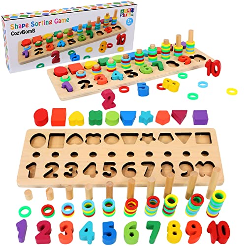CozyBomB Wooden Number Puzzle Sorting Montessori Toys for Toddlers - Shape Sorter Counting Game for Age 3 4 5 Year olds Kids - Preschool Education Math Stacking Block Learning Wood Chunky Jigsaw