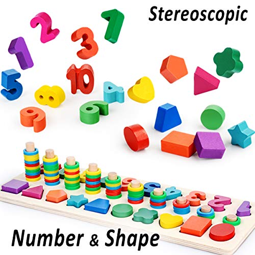 CozyBomB Wooden Number Puzzle Sorting Montessori Toys for Toddlers - Shape Sorter Counting Game for Age 3 4 5 Year olds Kids - Preschool Education Math Stacking Block Learning Wood Chunky Jigsaw