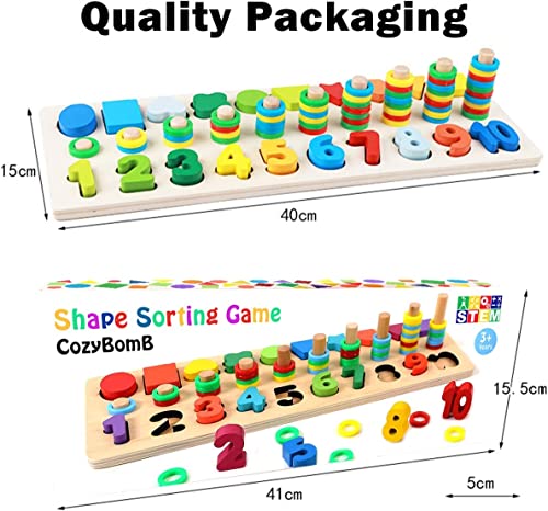 CozyBomB Wooden Number Puzzle Sorting Montessori Toys for Toddlers - Shape Sorter Counting Game for Age 3 4 5 Year olds Kids - Preschool Education Math Stacking Block Learning Wood Chunky Jigsaw