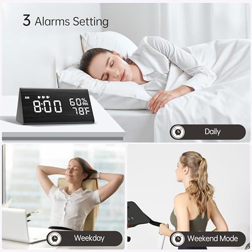 Digital Alarm Clock, with Wooden Electronic LED Time Display, 3 Alarm Settings, Humidity & Temperature Detect, Wood Made Electric Clocks for Bedroom, Bedside, Black