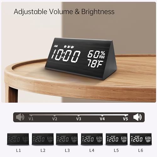 Digital Alarm Clock, with Wooden Electronic LED Time Display, 3 Alarm Settings, Humidity & Temperature Detect, Wood Made Electric Clocks for Bedroom, Bedside, Black