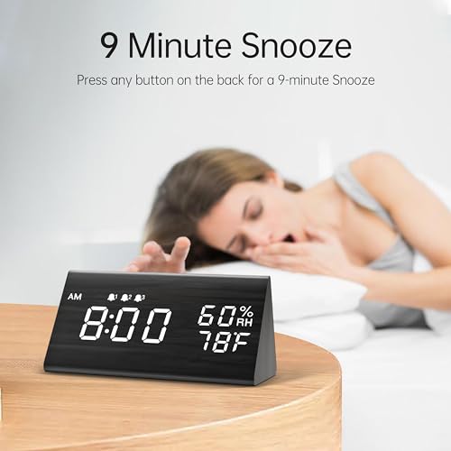 Digital Alarm Clock, with Wooden Electronic LED Time Display, 3 Alarm Settings, Humidity & Temperature Detect, Wood Made Electric Clocks for Bedroom, Bedside, Black