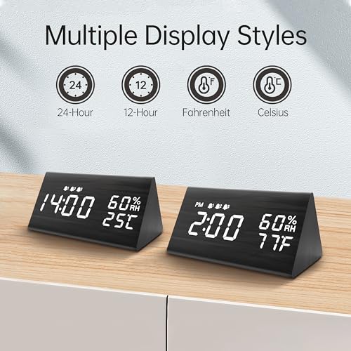 Digital Alarm Clock, with Wooden Electronic LED Time Display, 3 Alarm Settings, Humidity & Temperature Detect, Wood Made Electric Clocks for Bedroom, Bedside, Black