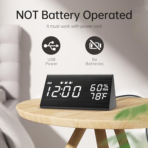 Digital Alarm Clock, with Wooden Electronic LED Time Display, 3 Alarm Settings, Humidity & Temperature Detect, Wood Made Electric Clocks for Bedroom, Bedside, Black