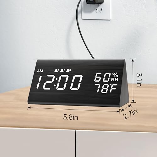 Digital Alarm Clock, with Wooden Electronic LED Time Display, 3 Alarm Settings, Humidity & Temperature Detect, Wood Made Electric Clocks for Bedroom, Bedside, Black
