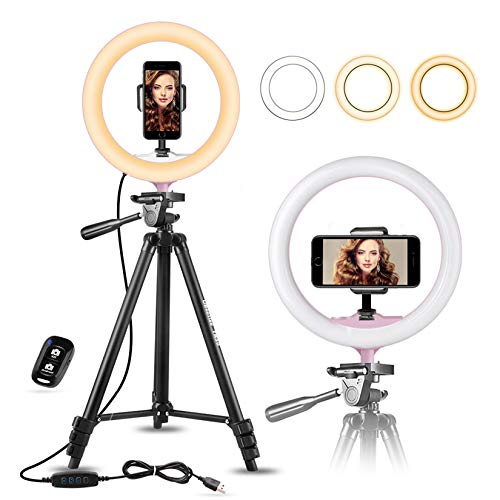 10" Selfie Ring Light with 50" Extendable Tripod Stand & Flexible Phone Holder for Live Stream/Makeup, UBeesize Mini Led Camera Ringlight for YouTube Video, Compatible with iPhone/Android (Pink)