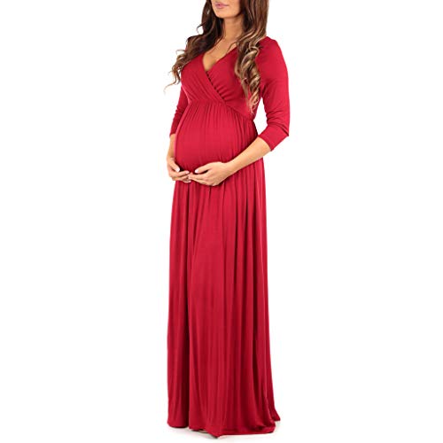 Maternity V-Neck Dress with Ruched Waist, Red