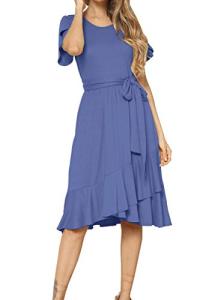 levaca Women's Plain Casual Flowy Short Sleeve Midi Dress with Belt