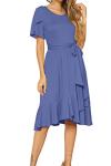 levaca Women's Plain Casual Flowy Short Sleeve Midi Dress with Belt