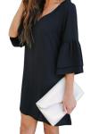 BELONGSCI Women's Dress Sweet & Cute V-Neck Bell Sleeve Shift Dress Mini Dress Black