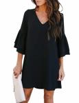 BELONGSCI Women's Dress Sweet & Cute V-Neck Bell Sleeve Shift Dress Mini Dress Black