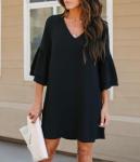 BELONGSCI Women's Dress Sweet & Cute V-Neck Bell Sleeve Shift Dress Mini Dress Black