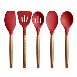 Miusco Non-Stick Silicone Kitchen Utensils Set with Natural Acacia Hard Wood Handle, 5 Piece, Red, BPA Free, Baking & Serving Silicone Cooking Utensils
