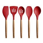 Miusco Non-Stick Silicone Kitchen Utensils Set with Natural Acacia Hard Wood Handle, 5 Piece, Red, BPA Free, Baking & Serving Silicone Cooking Utensils