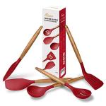 Miusco Non-Stick Silicone Kitchen Utensils Set with Natural Acacia Hard Wood Handle, 5 Piece, Red, BPA Free, Baking & Serving Silicone Cooking Utensils