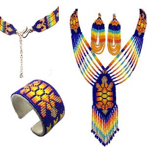 Native American Style Beaded Jewelry Set Necklace Earrings Bracelet Handmade (Blue)