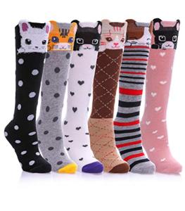 FNOVCO Girls Knee High Socks Cartoon Animal Patterns Cotton Over Calf Socks (6 Pairs Cute Cat)