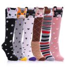 FNOVCO Girls Knee High Socks Cartoon Animal Patterns Cotton Over Calf Socks (6 Pairs Cute Cat)