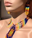 Native American Style Beaded Jewelry Set Necklace Earrings Bracelet Handmade (Blue)