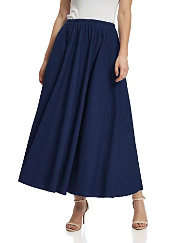 Soojun Women's Solid Cotton Linen Retro Vintage A-line Long Flowy Skirts, Navy, Small Petite