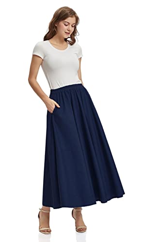 Soojun Women's Solid Cotton Linen Retro Vintage A-line Long Flowy Skirts, Navy, Small Petite
