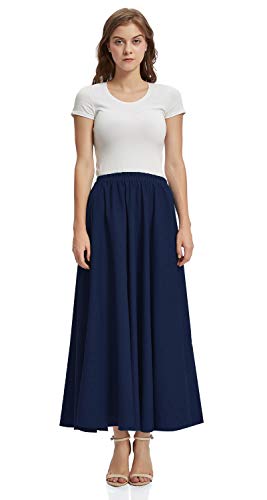 Soojun Women's Solid Cotton Linen Retro Vintage A-line Long Flowy Skirts, Navy, Small Petite