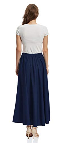 Soojun Women's Solid Cotton Linen Retro Vintage A-line Long Flowy Skirts, Navy, Small Petite