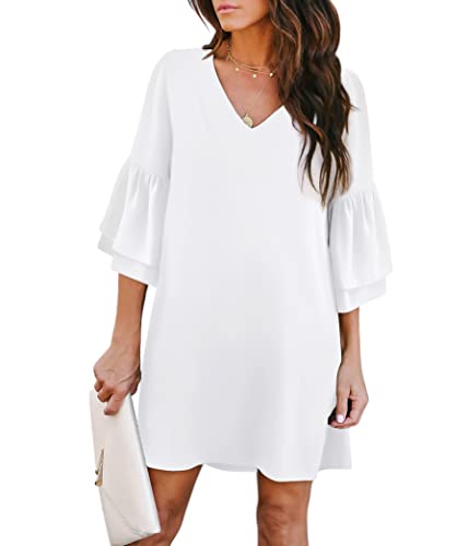 BELONGSCI Women's Dress Sweet & Cute V-Neck Bell Sleeve Shift Dress Mini Dress White