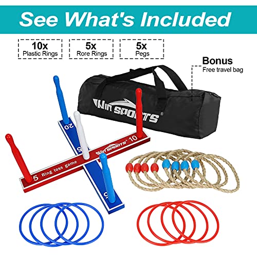 Premium Wooden Ring Toss Game Set ? Throwing Game Indoor Outdoor Games for Kids & Adults ? Includes Wood Base,8 Ropes and 8 Plastic Rings,Carry Bag & Instruction ? Fun Family or Friends Game