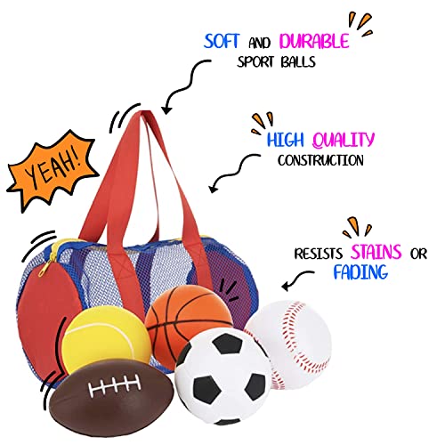 Neliblu Foam Sports Balls for Toddlers and Kids - 3.5" Perfect for Small Hands - Includes 1 Soccer Ball, 1 Basketball, 1 Baseball, 1 Football, and 1 Tennis Ball - Set of 5 Soft Balls in Carry Bag