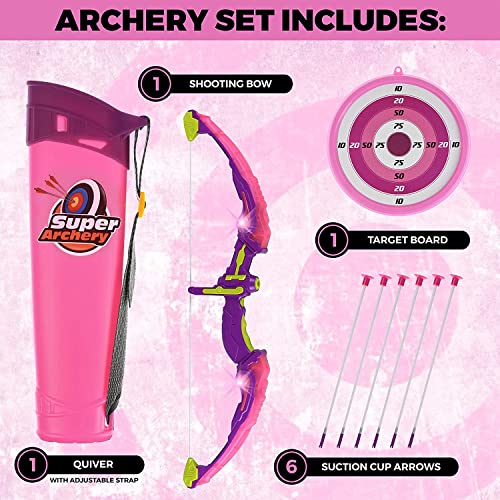 ToyVelt Kids Bow and Arrow Set - LED Light Up, Archery Set Comes with 6 Suction Cup Arrows, Target & Quiver, Indoor and Outdoor Toys for Children Boys Girls, Best Gift