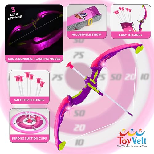 ToyVelt Kids Bow and Arrow Set - LED Light Up, Archery Set Comes with 6 Suction Cup Arrows, Target & Quiver, Indoor and Outdoor Toys for Children Boys Girls, Best Gift